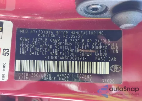 2023 Toyota Camry Xse z USA, uszkodzony, nr VIN 4T1K61AK6PU091917